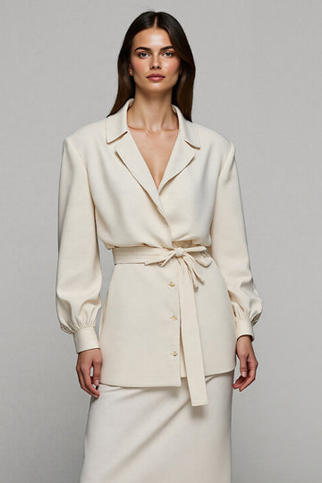 Ivory V Neck 2-Piece Sheath Midi Work Dress